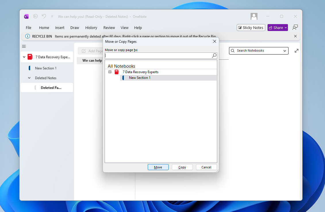 select section to move deleted onenote