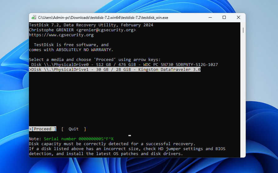 select usb to scan in testdisk