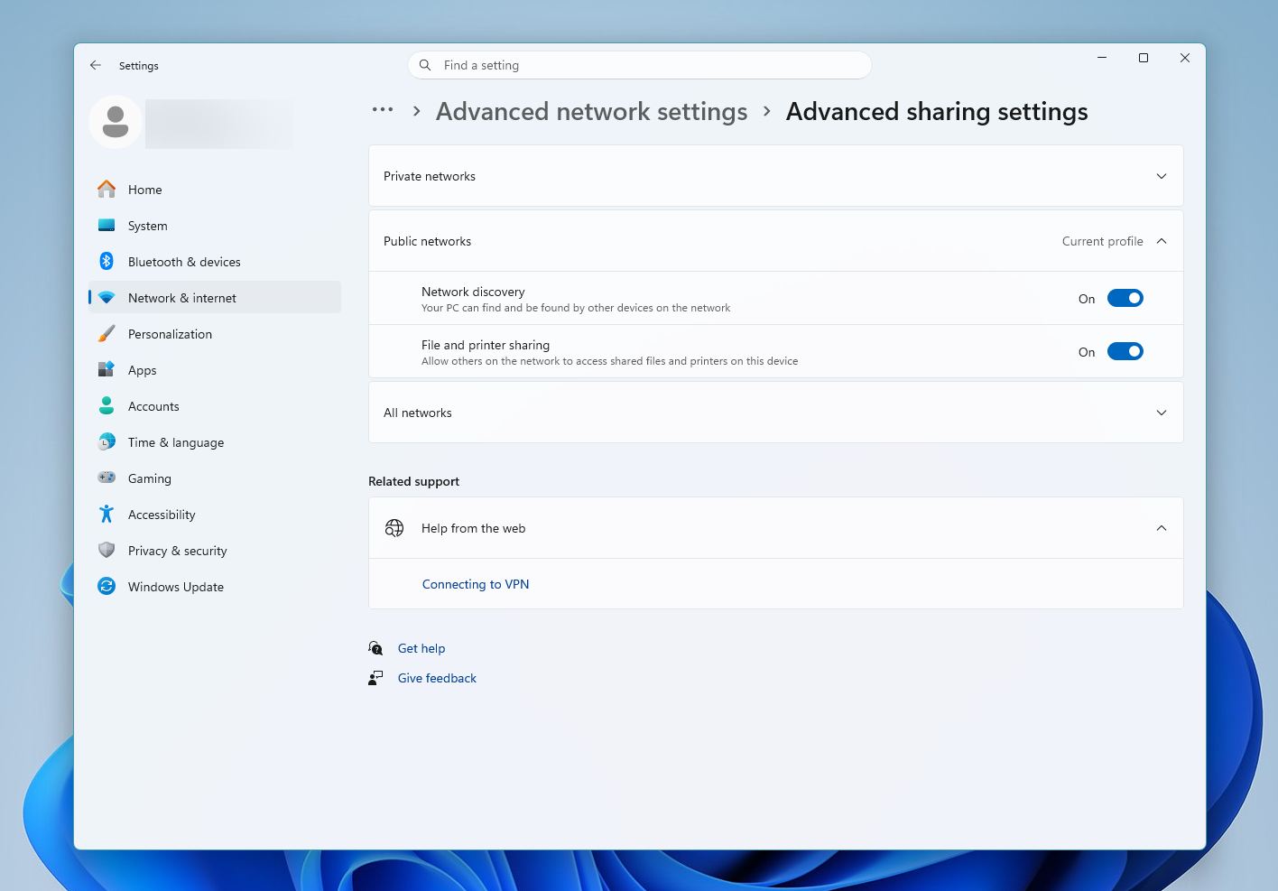 Switch on Network discovery and File and printer sharing