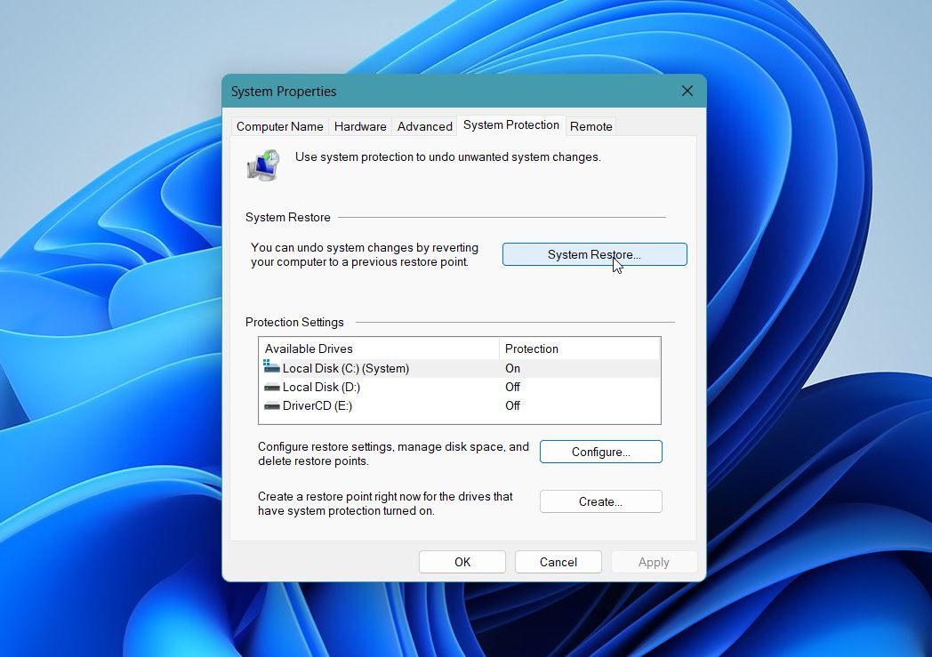 Click on the System Restore