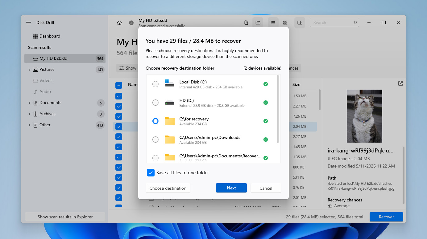 choose recovery location for files
