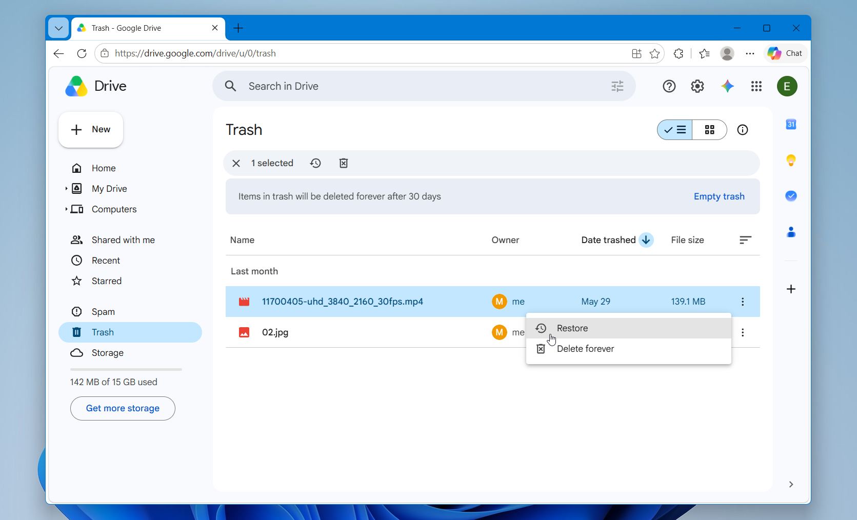 Recover files form Cloud backup trash