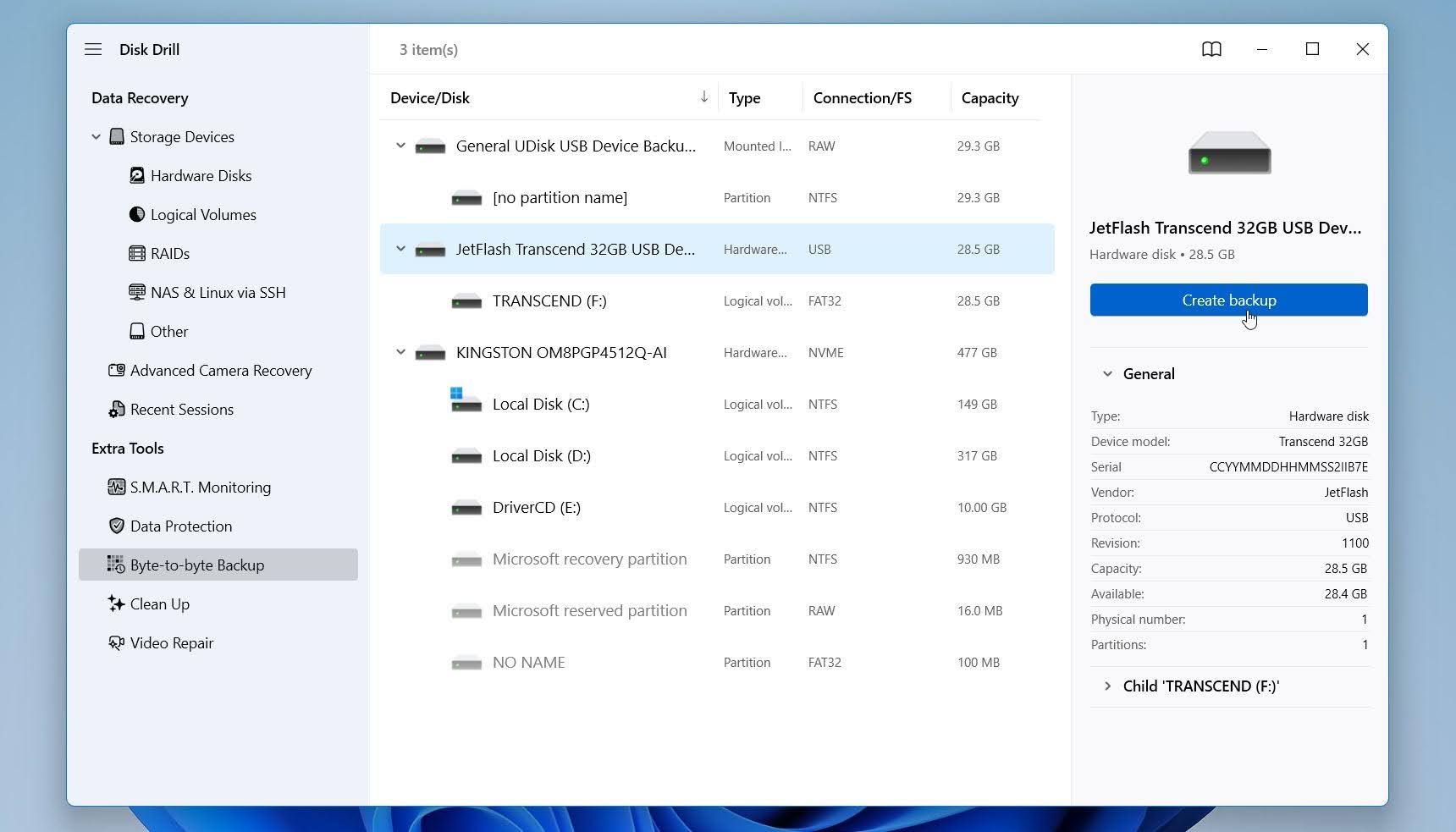 Disk Drill click Create backup
