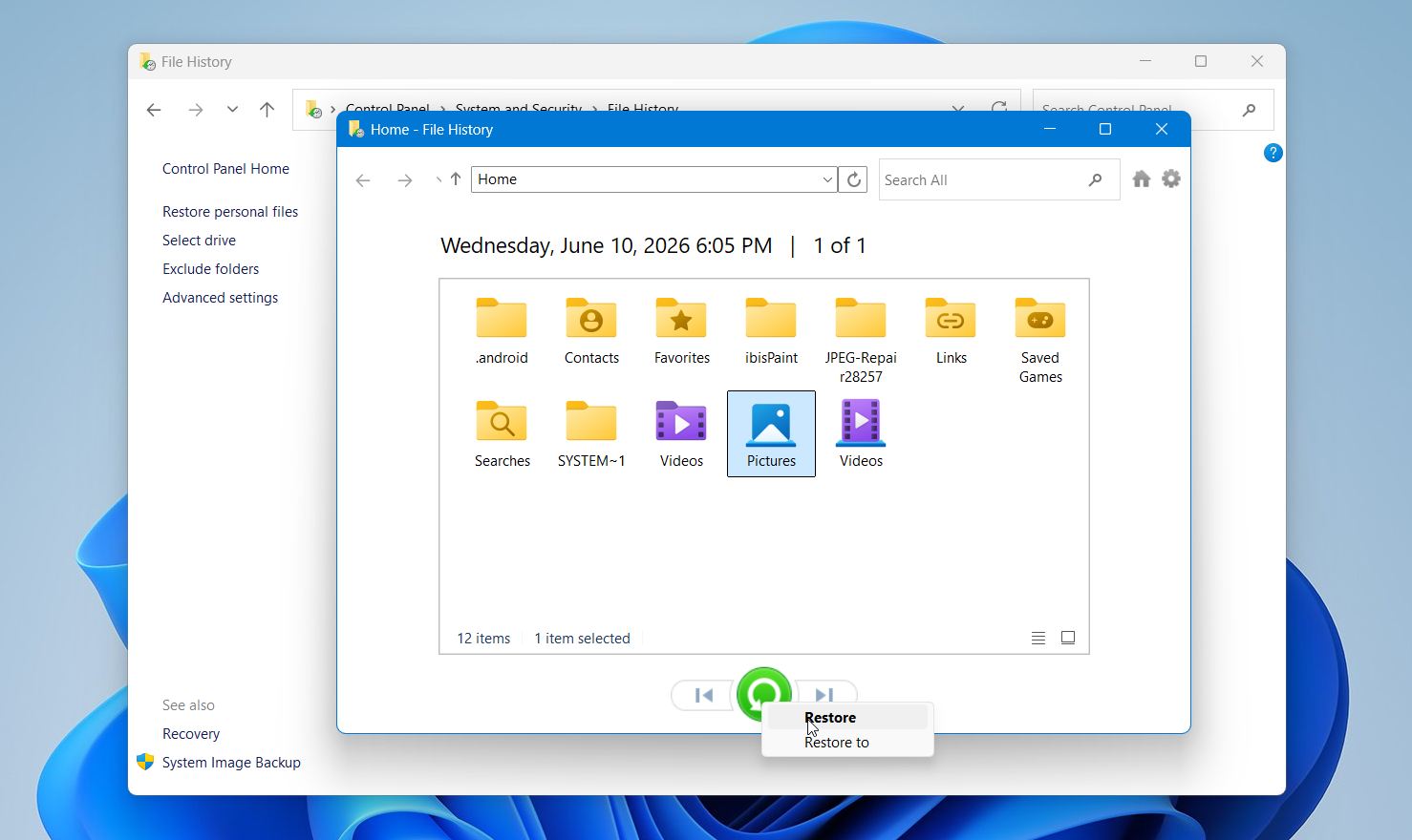 Restore files from File History