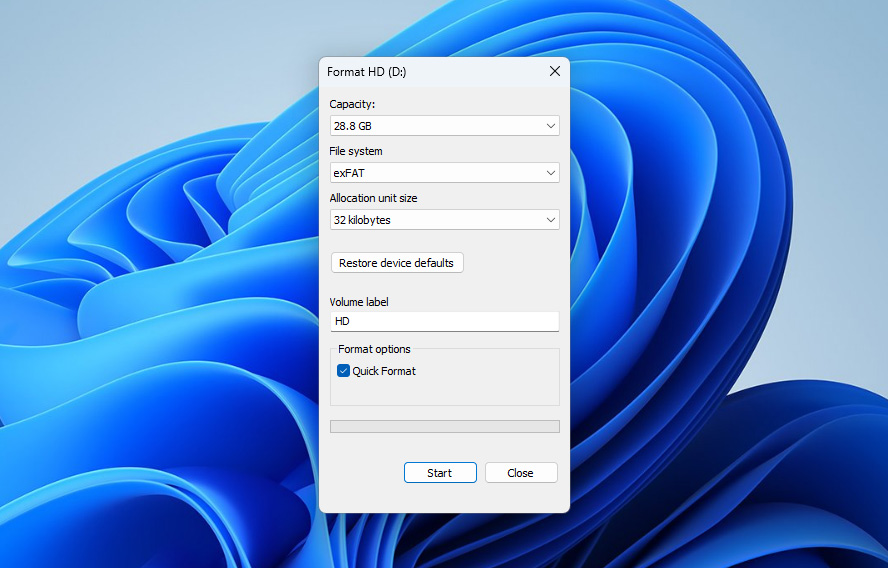 start disk formatting