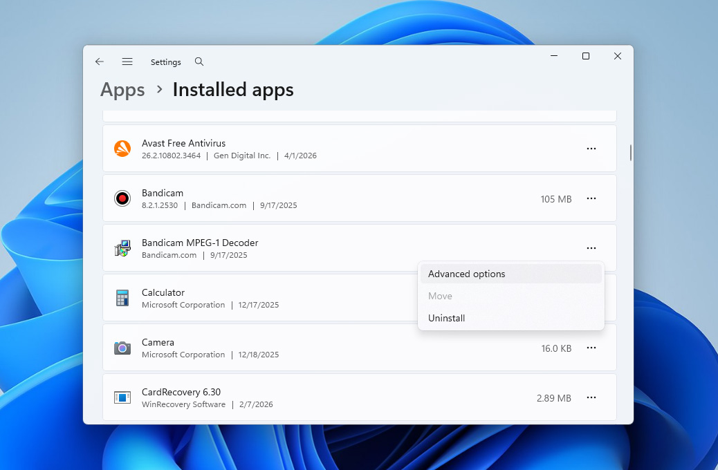 open advanced options on app