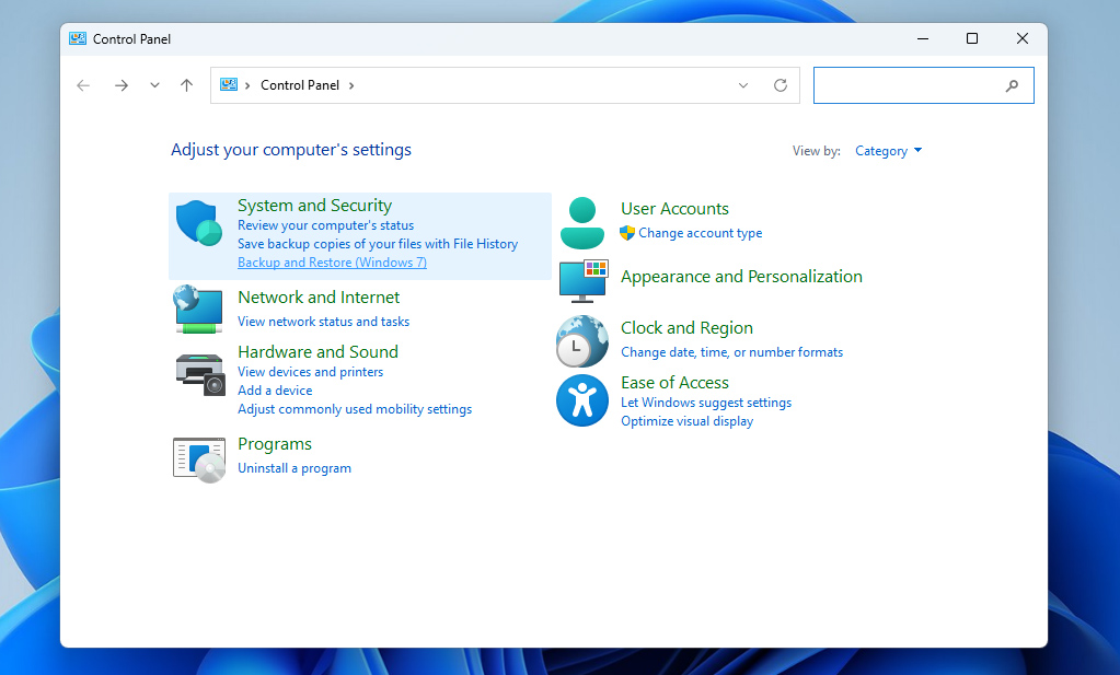 open backup and restore windows in control panel