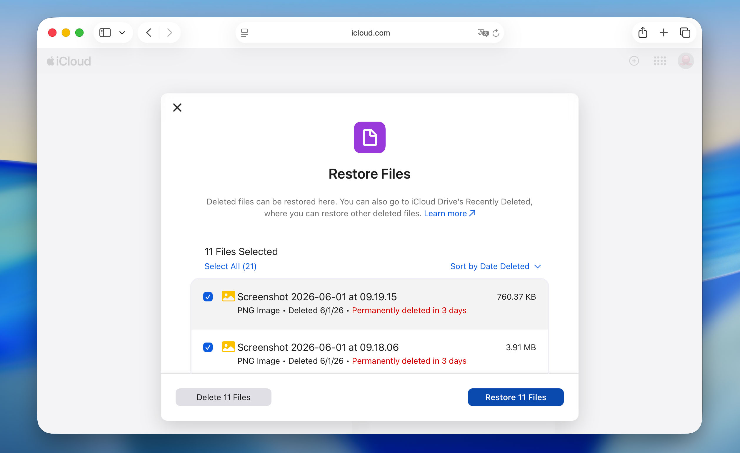 restore files in icloud