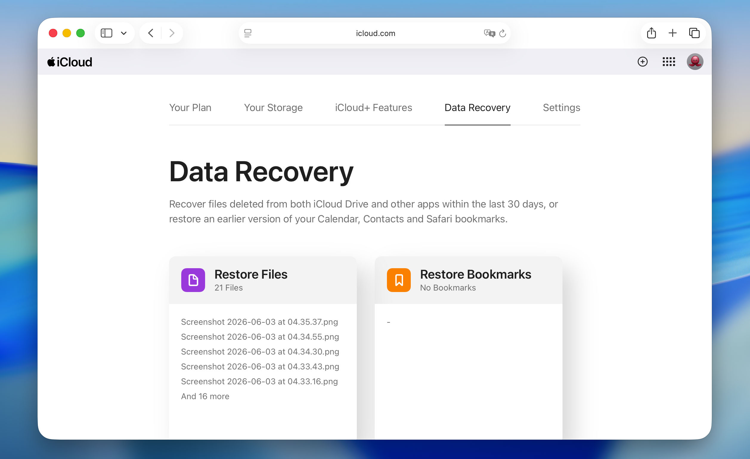open data recover section in icloud