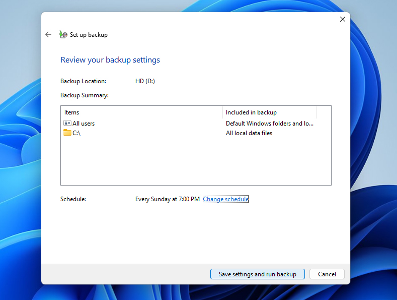 save settings and run backup