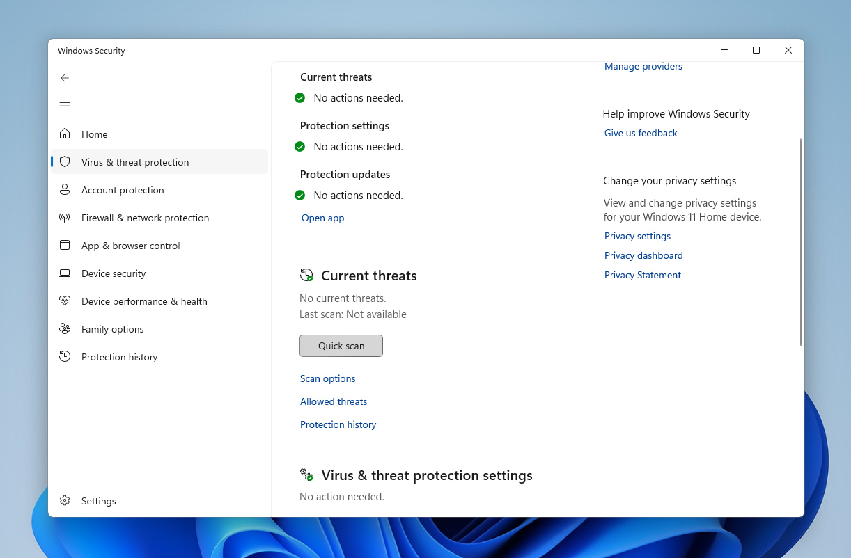 run quick scan in windows security