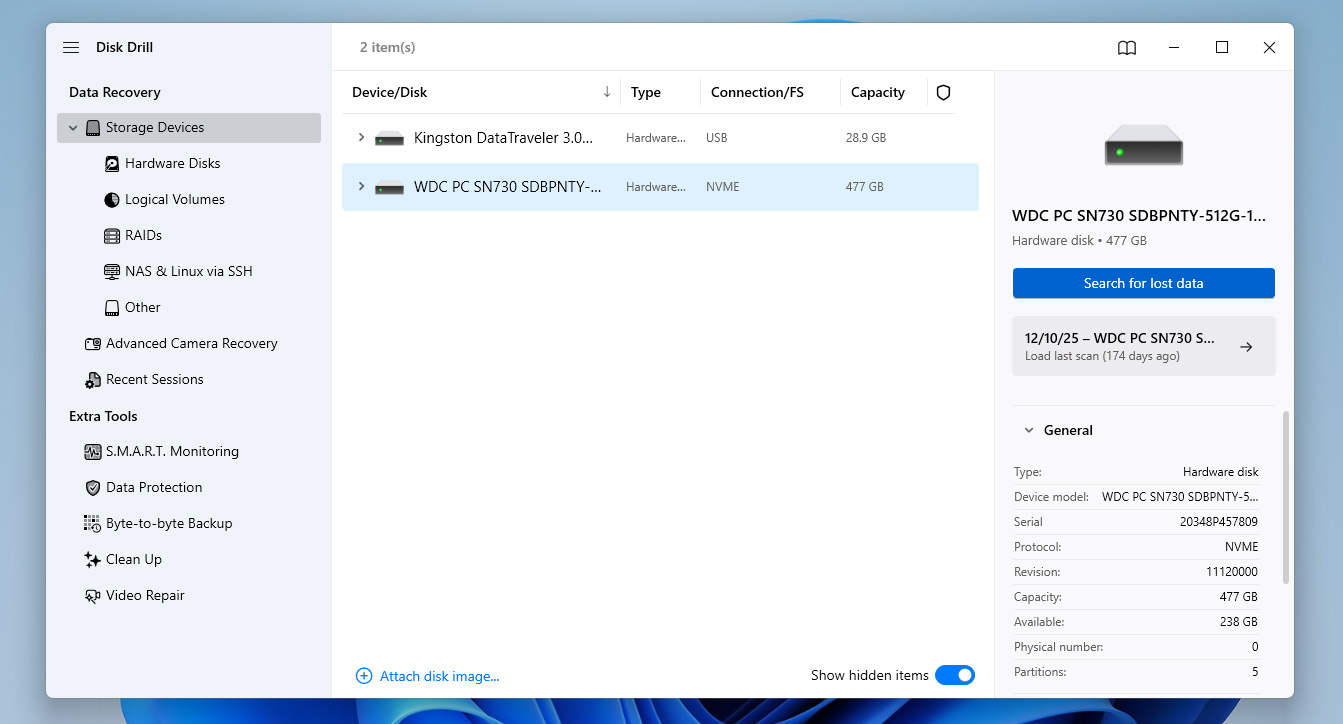 select disk and click search for lost data 