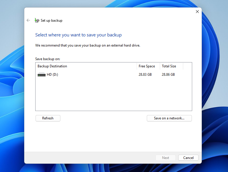 select drive for creating backup