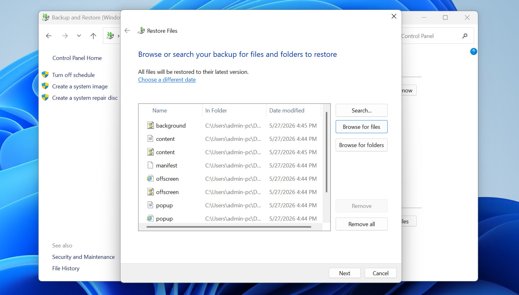 select files to recover them from windows backup