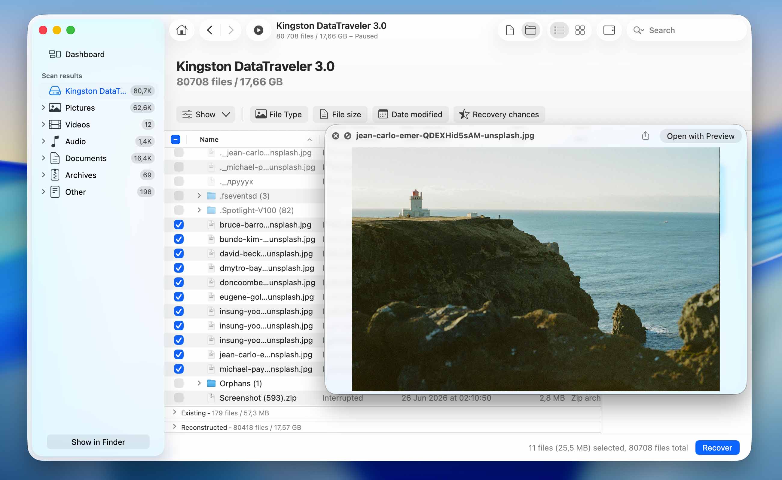 select files for recovery