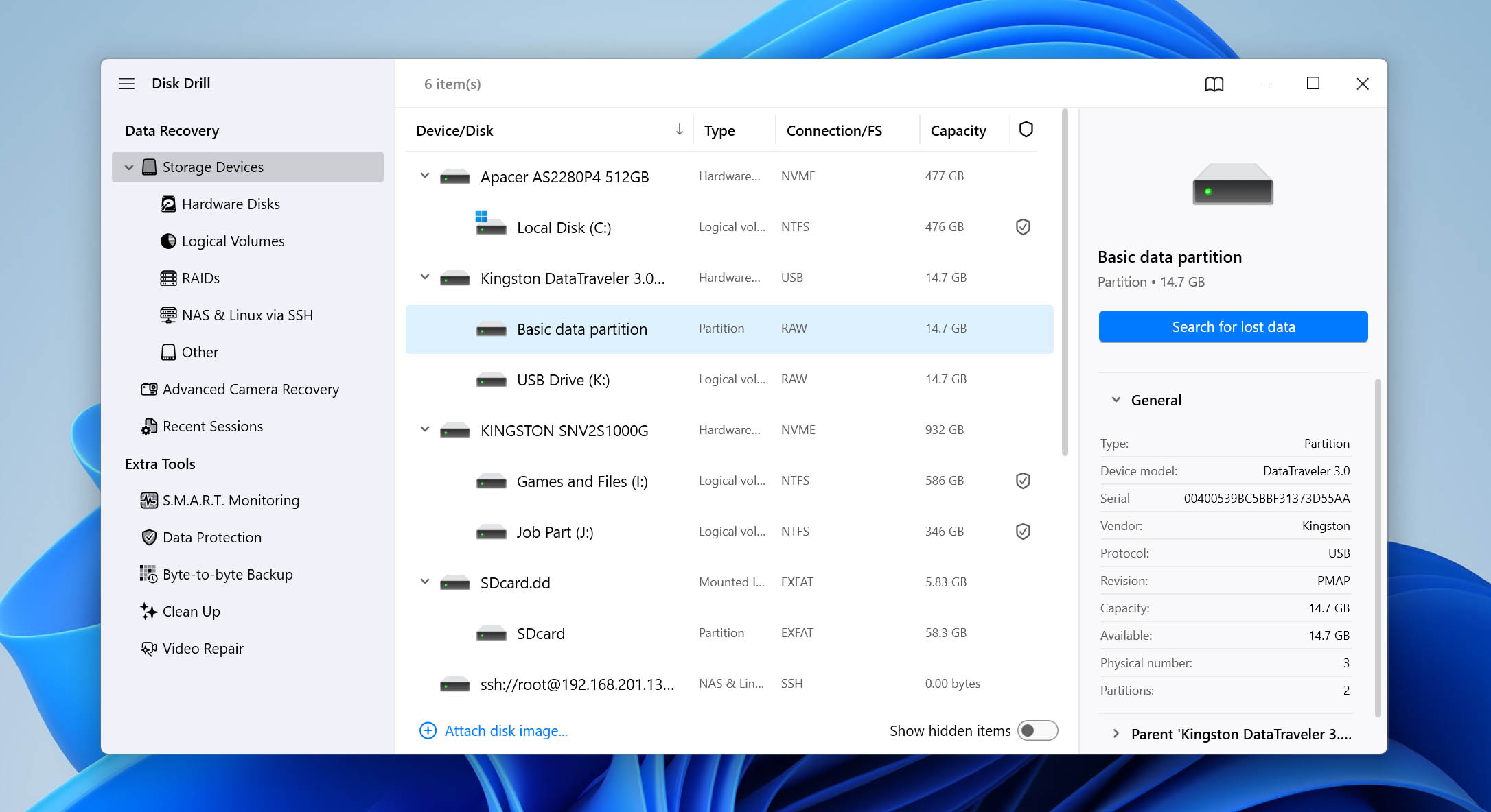 select RAW sd card for scan