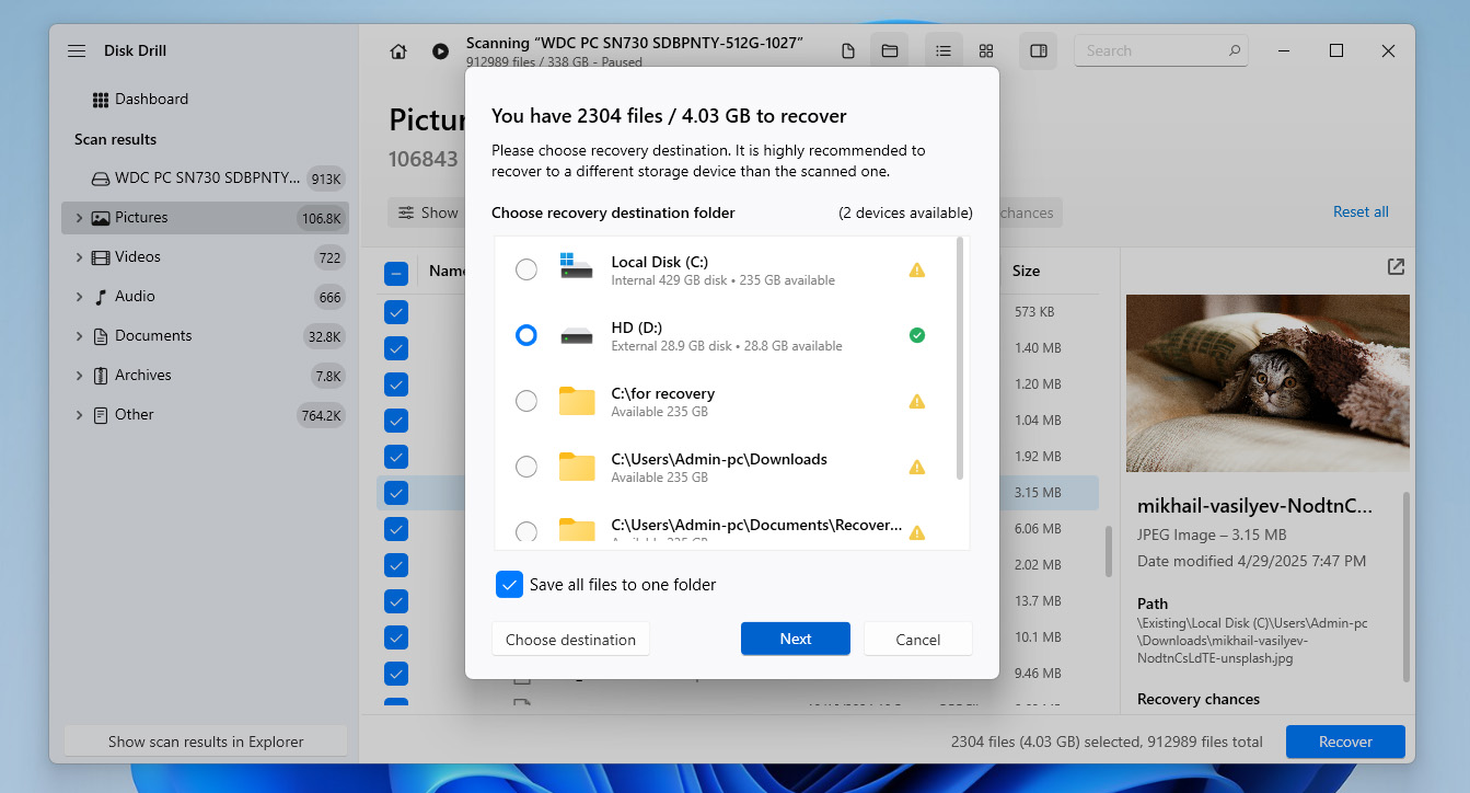choose recovery location for files