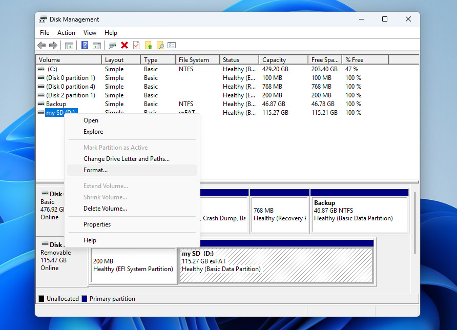 select sd card to format
