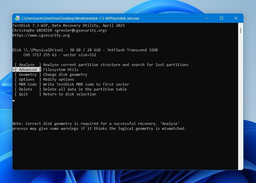 TestDisk click Advanced