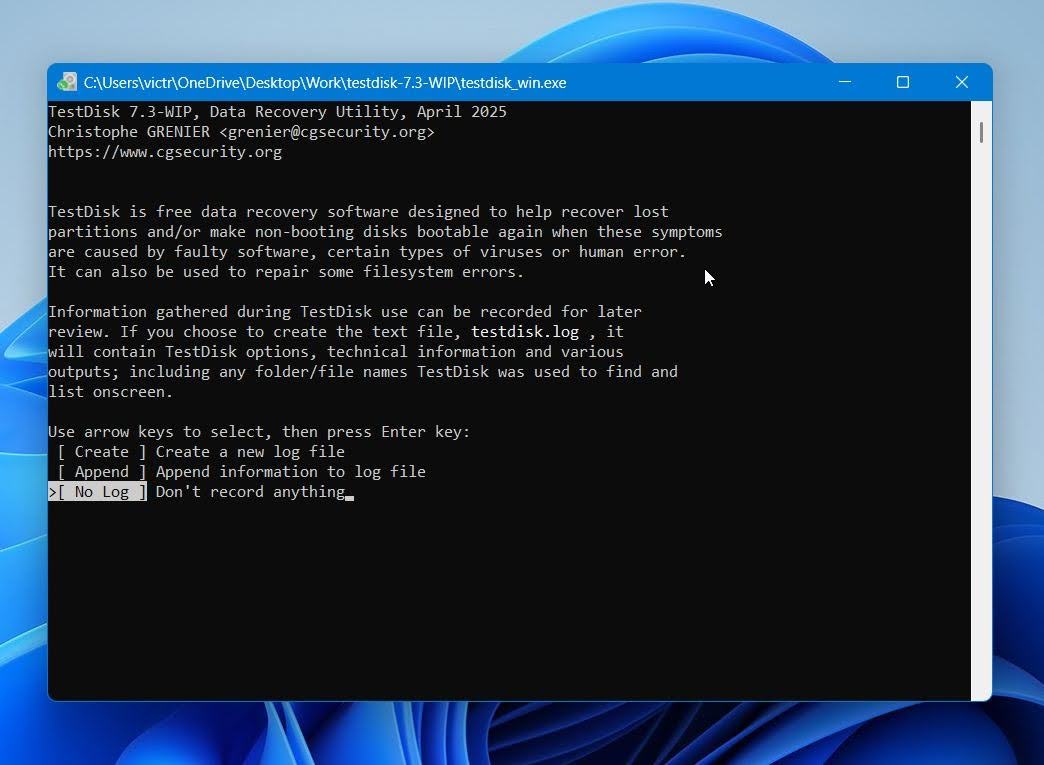 TestDisk decide whether to create a log file