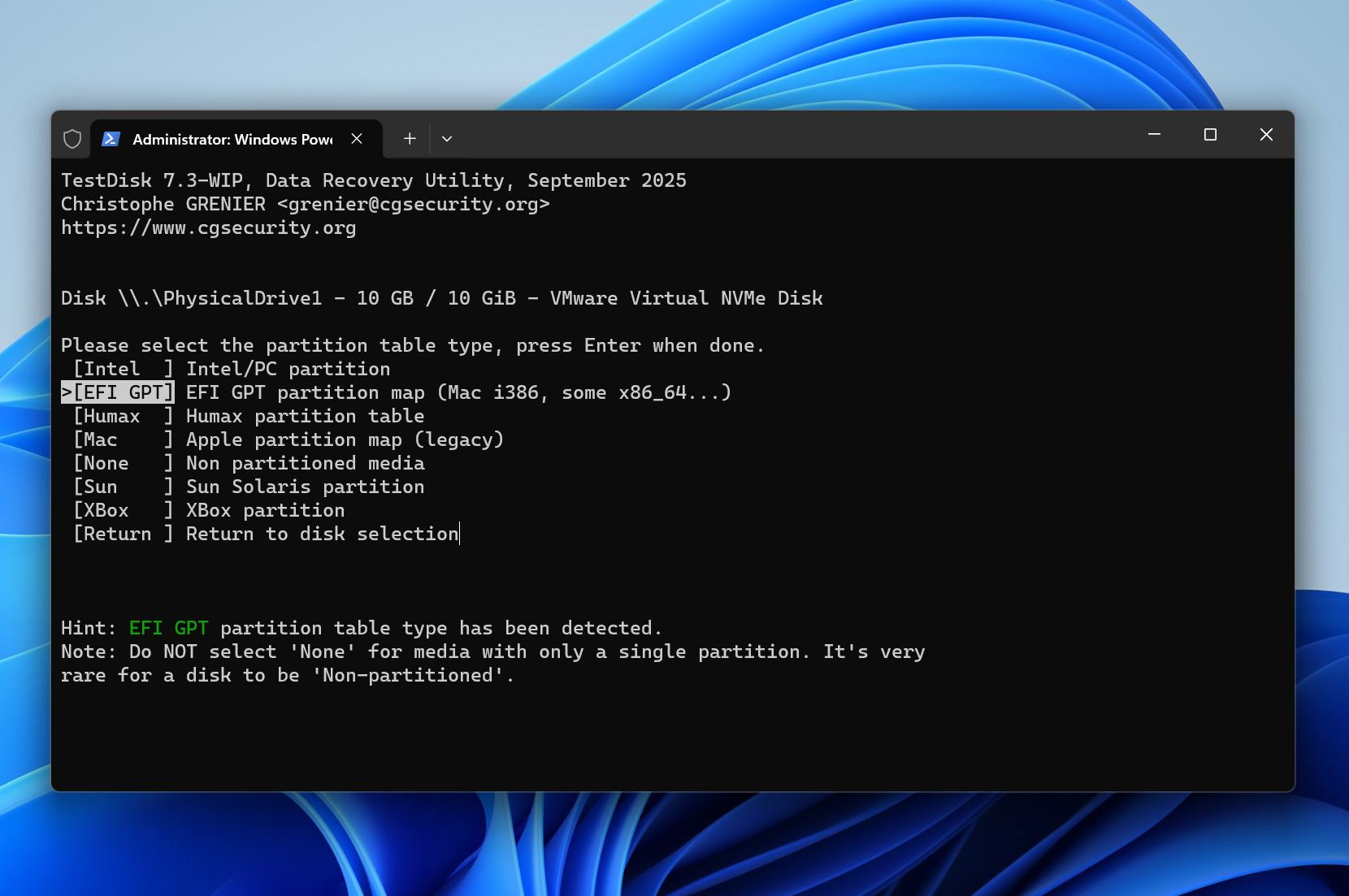 TestDisk select partition type