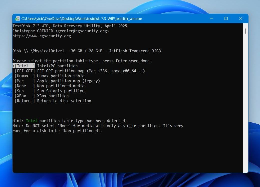 TestDisk choose the partition type