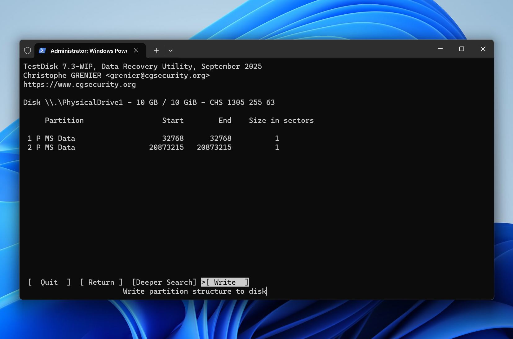 TestDisk write