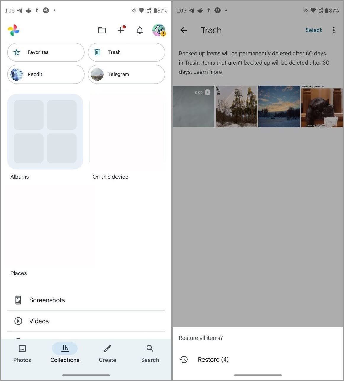 Look for deleted videos in Trash Android
