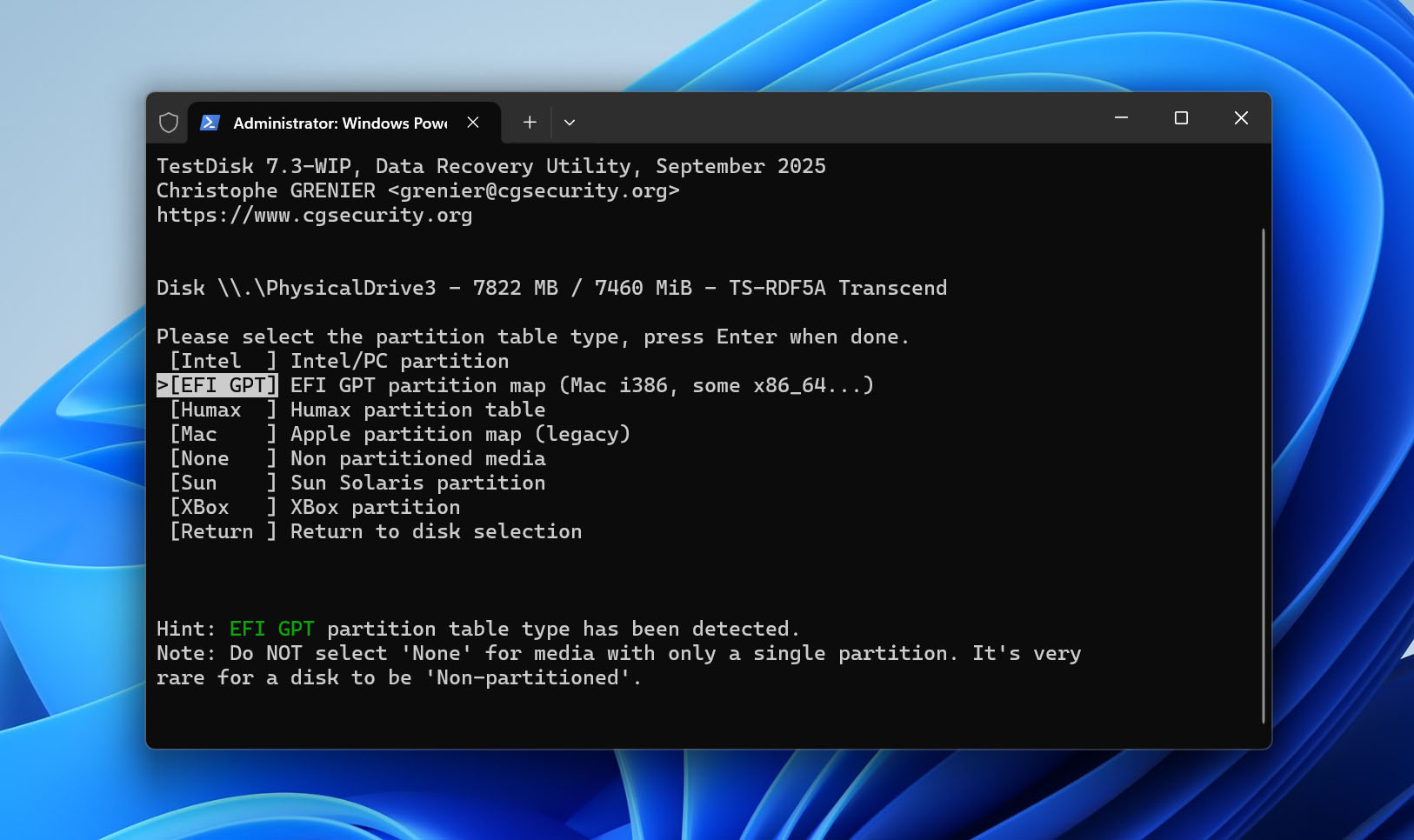 choose partition table type