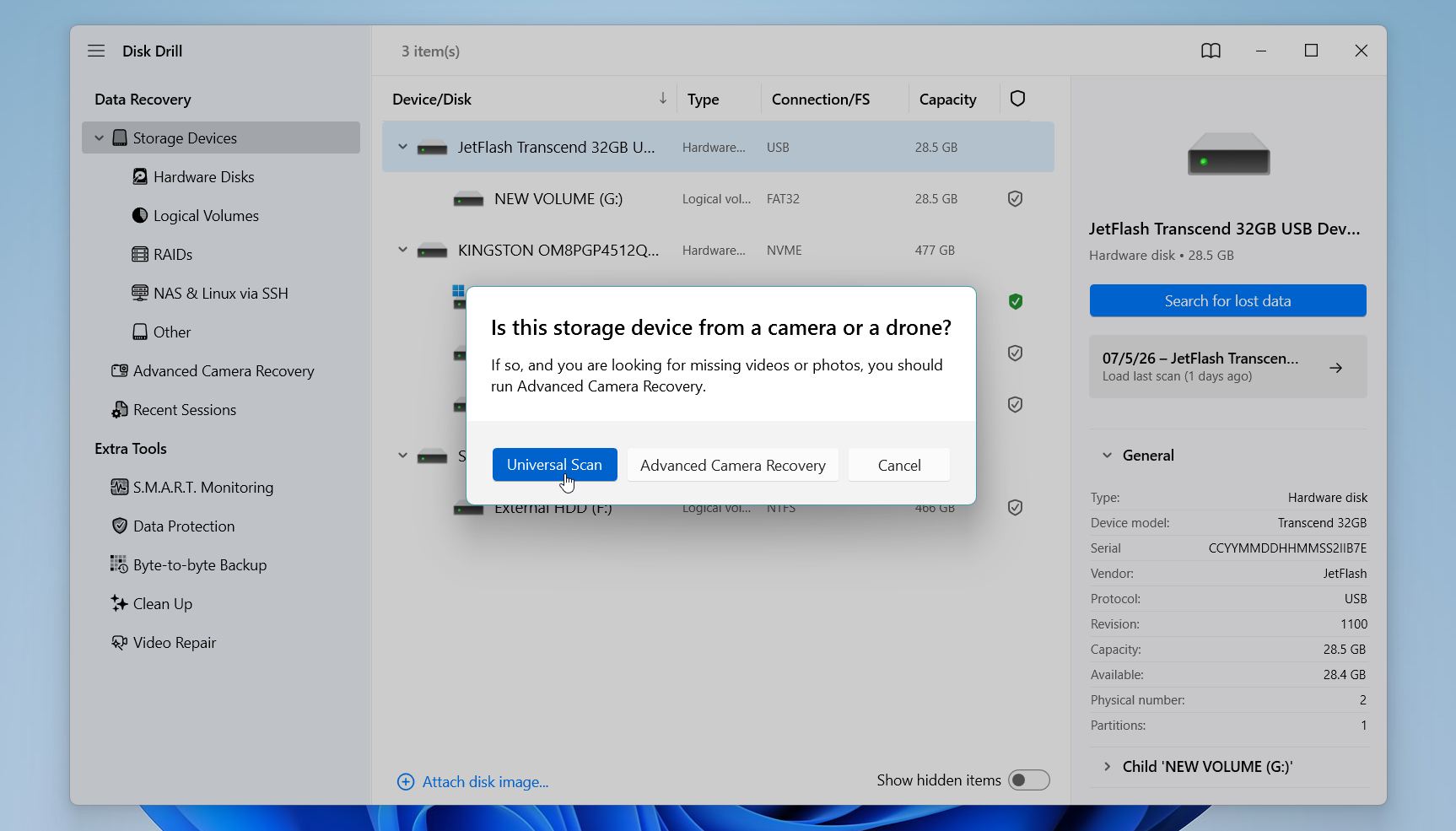 Disk Drill select the recovery mode