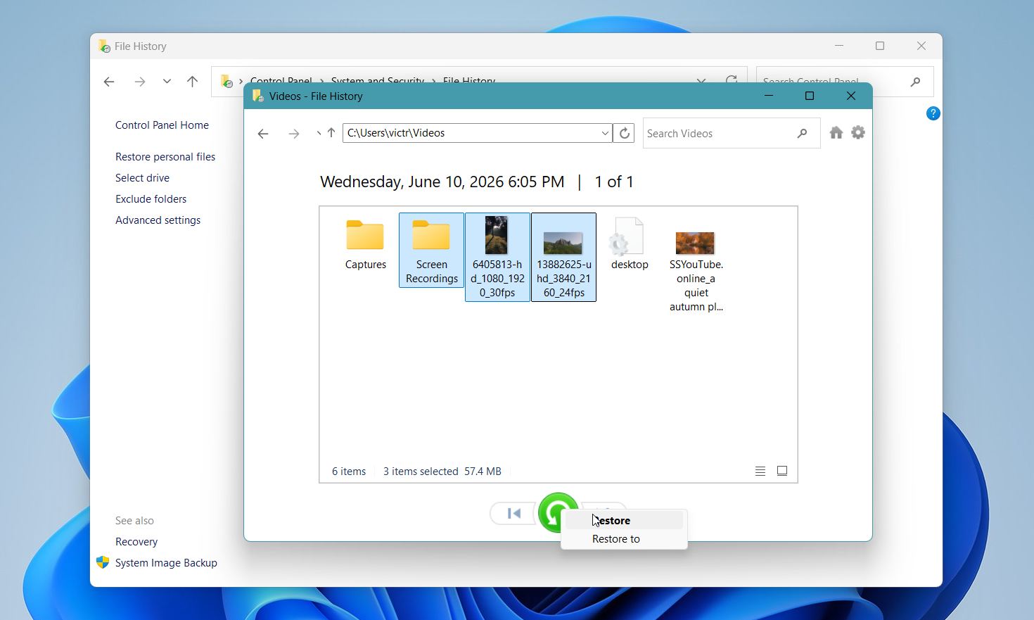Restore your files from the File History