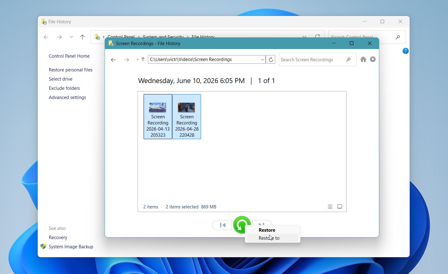 Restore files from File History backup