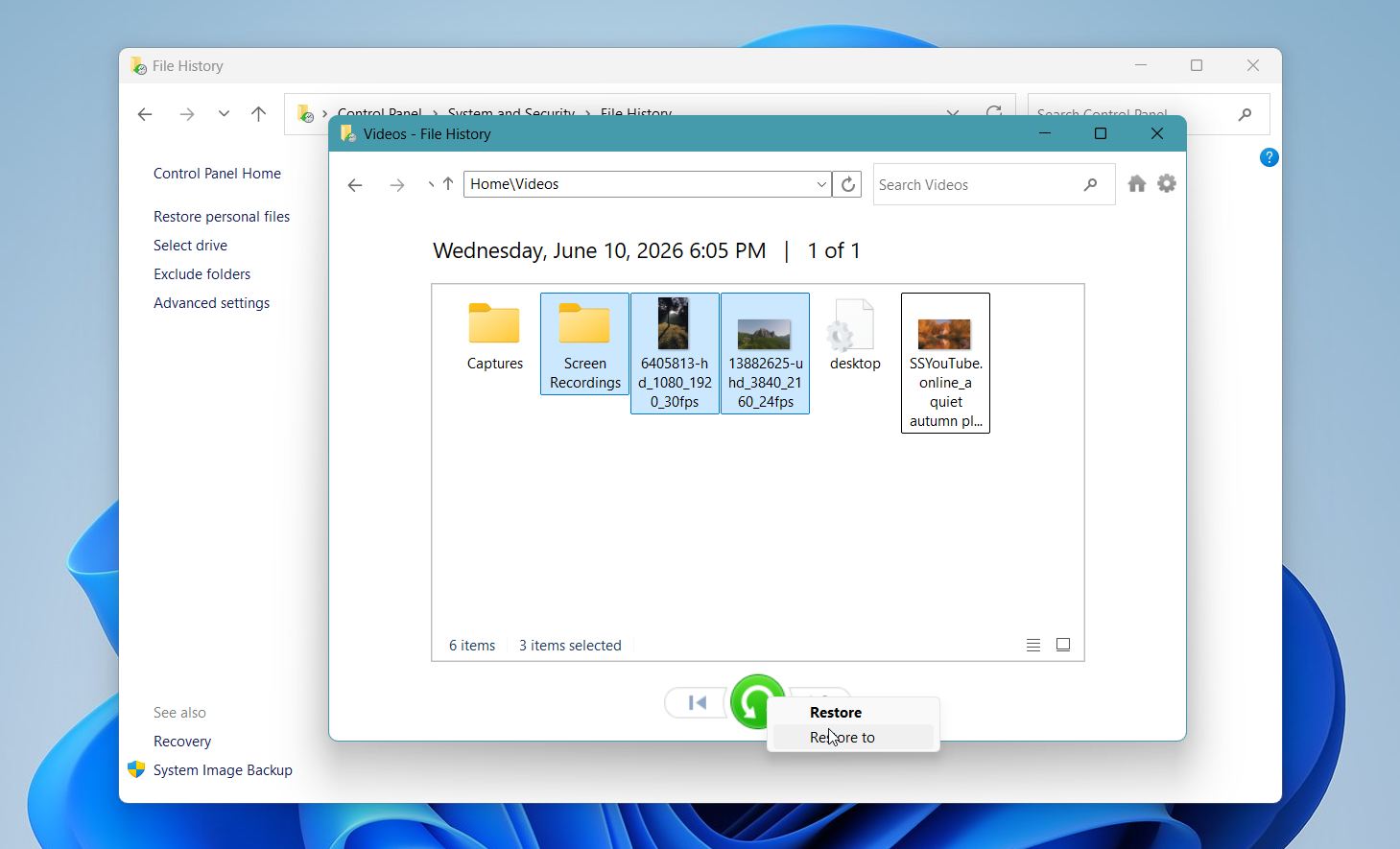 Use File History to recover deleted videos