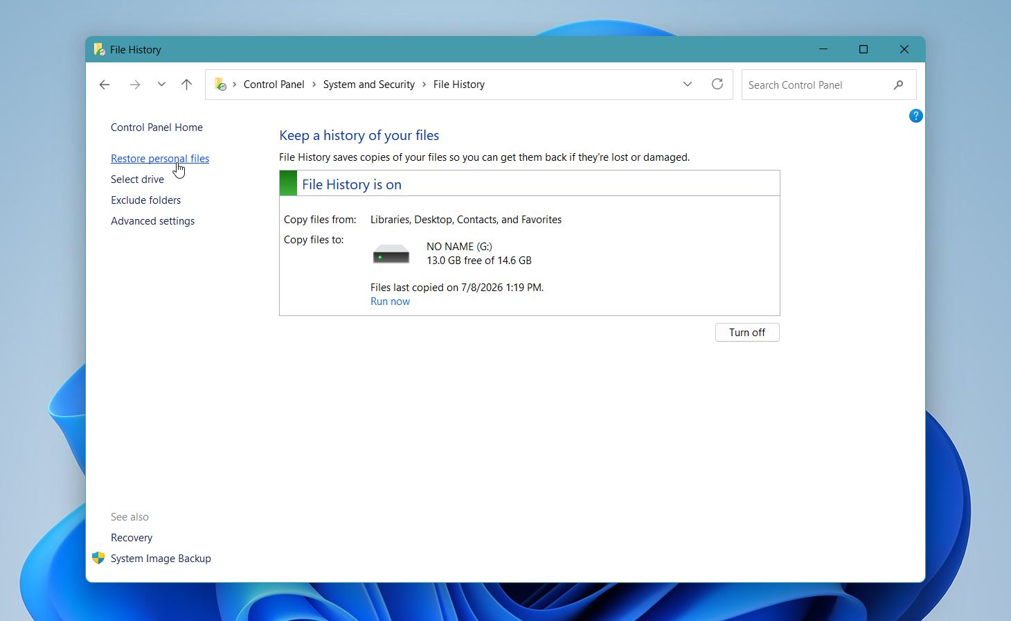 File history restore personal files