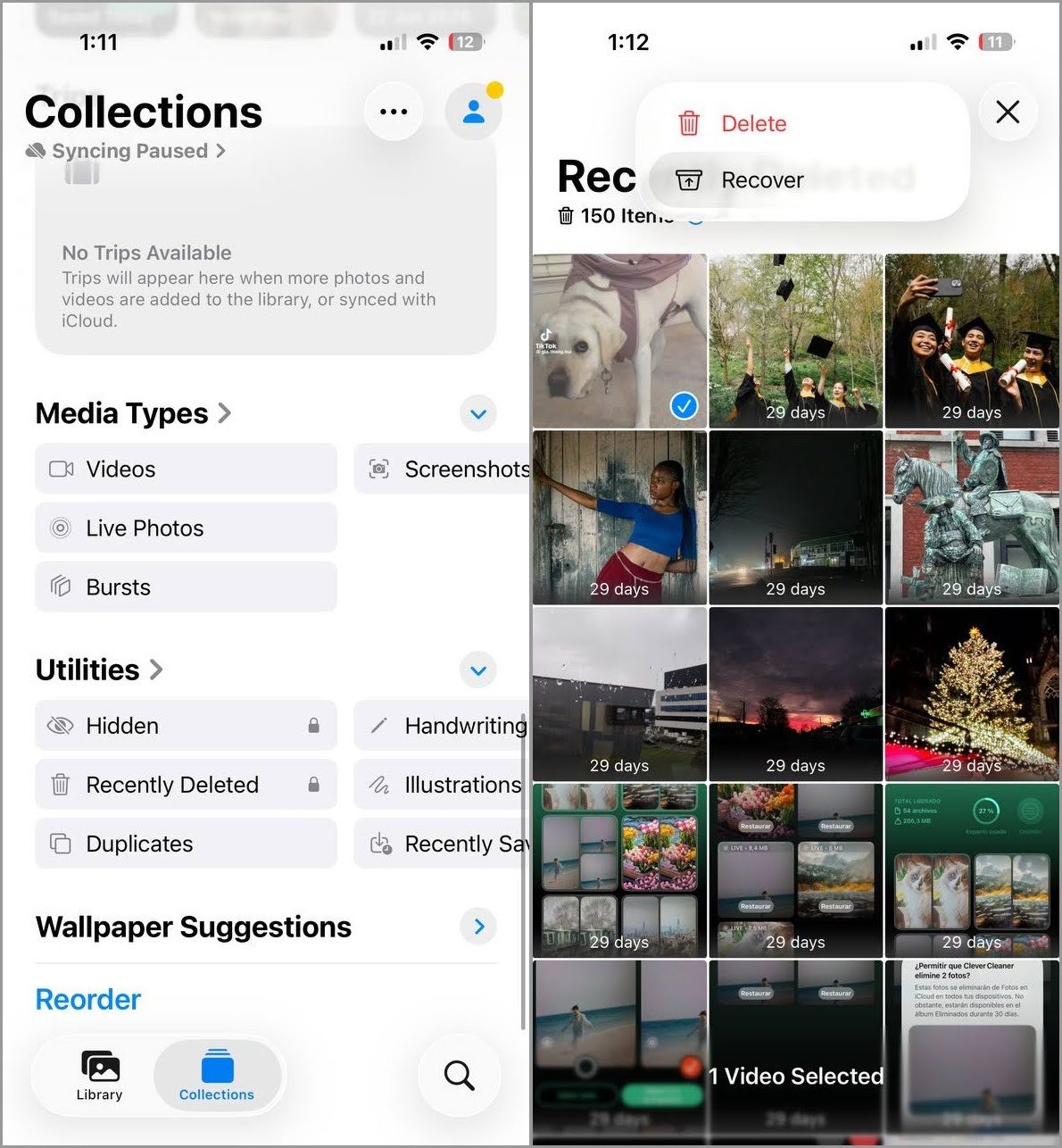 Recover deleted videos from Recently Deleted folder