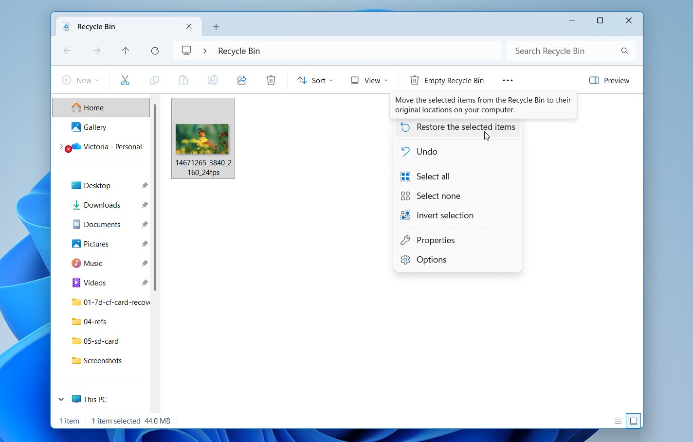 Restore videos from the Recycle Bin