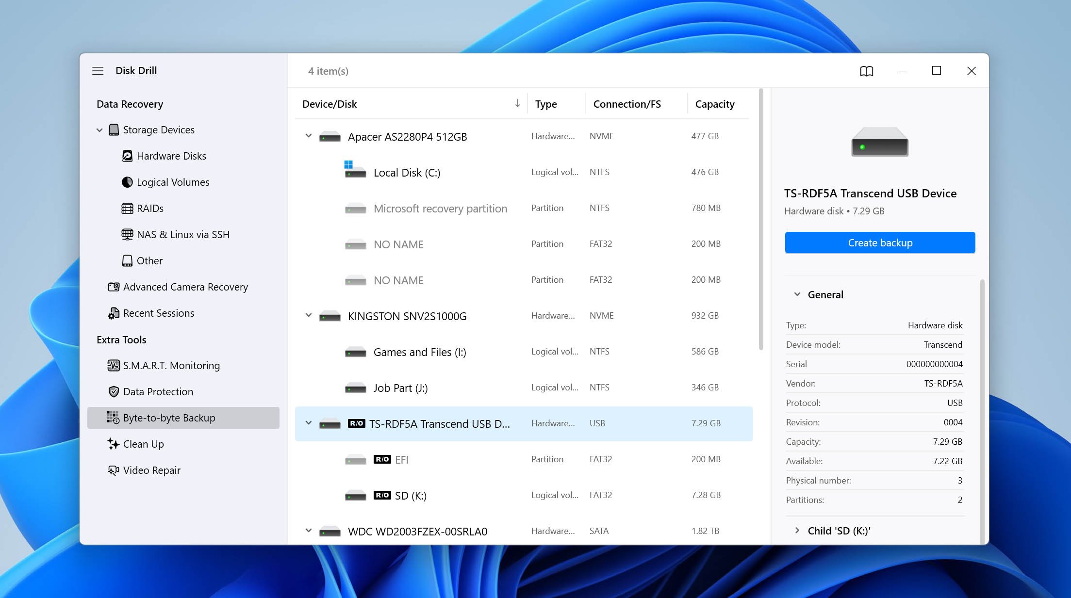 select sd card for backup