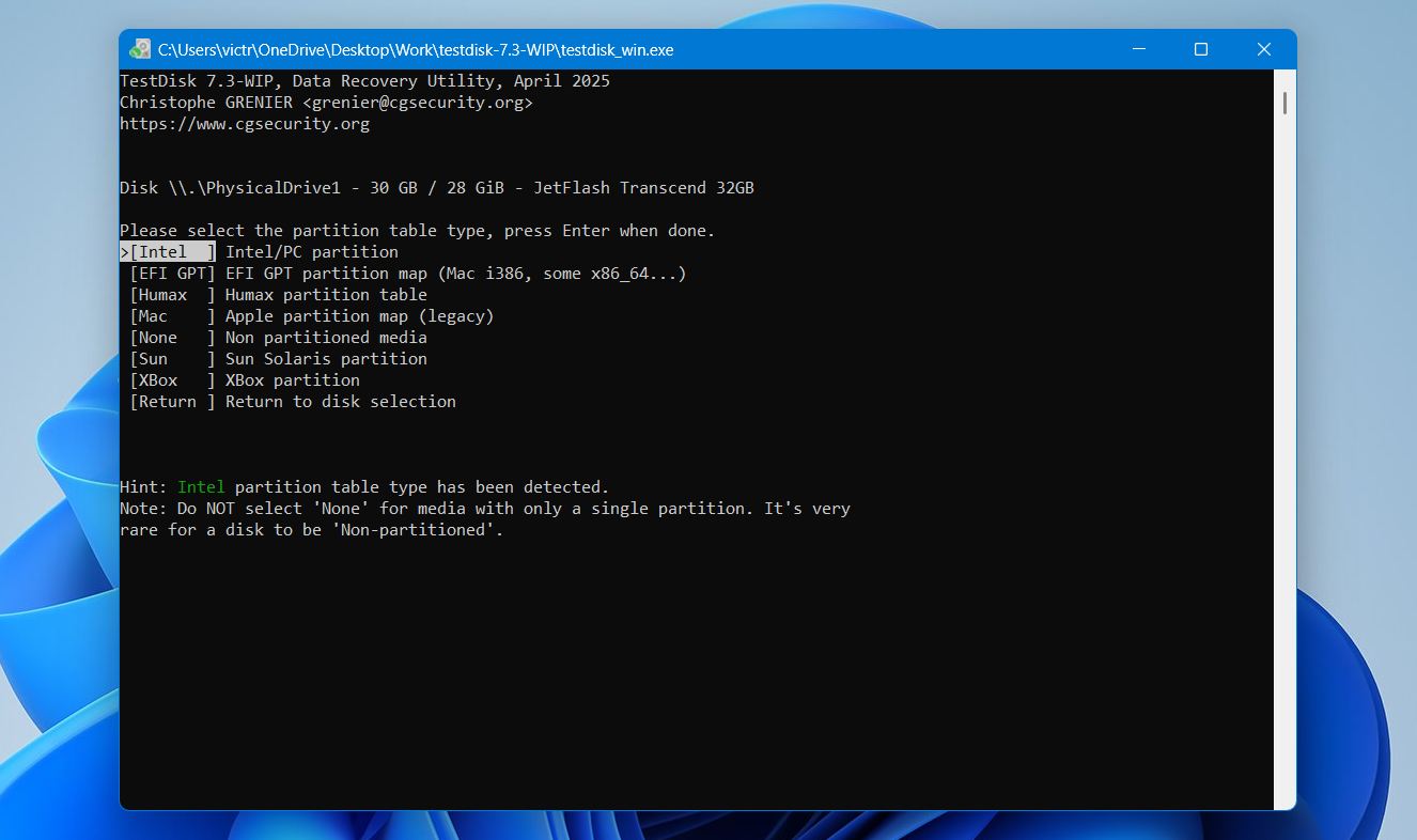 Choose partition type