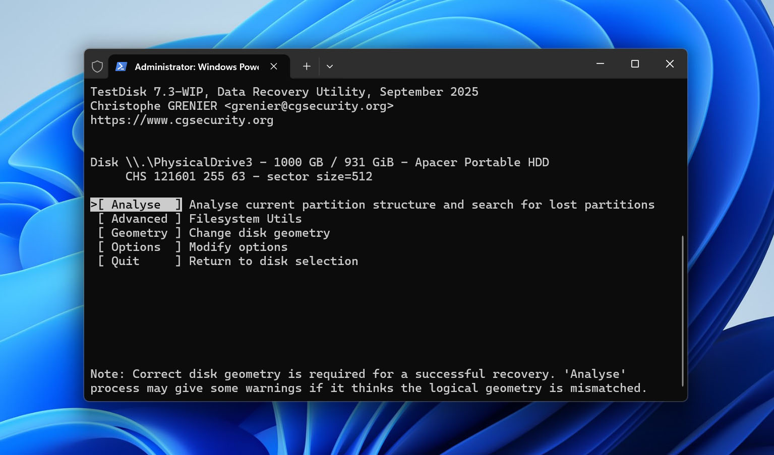analyse drive in testdisk