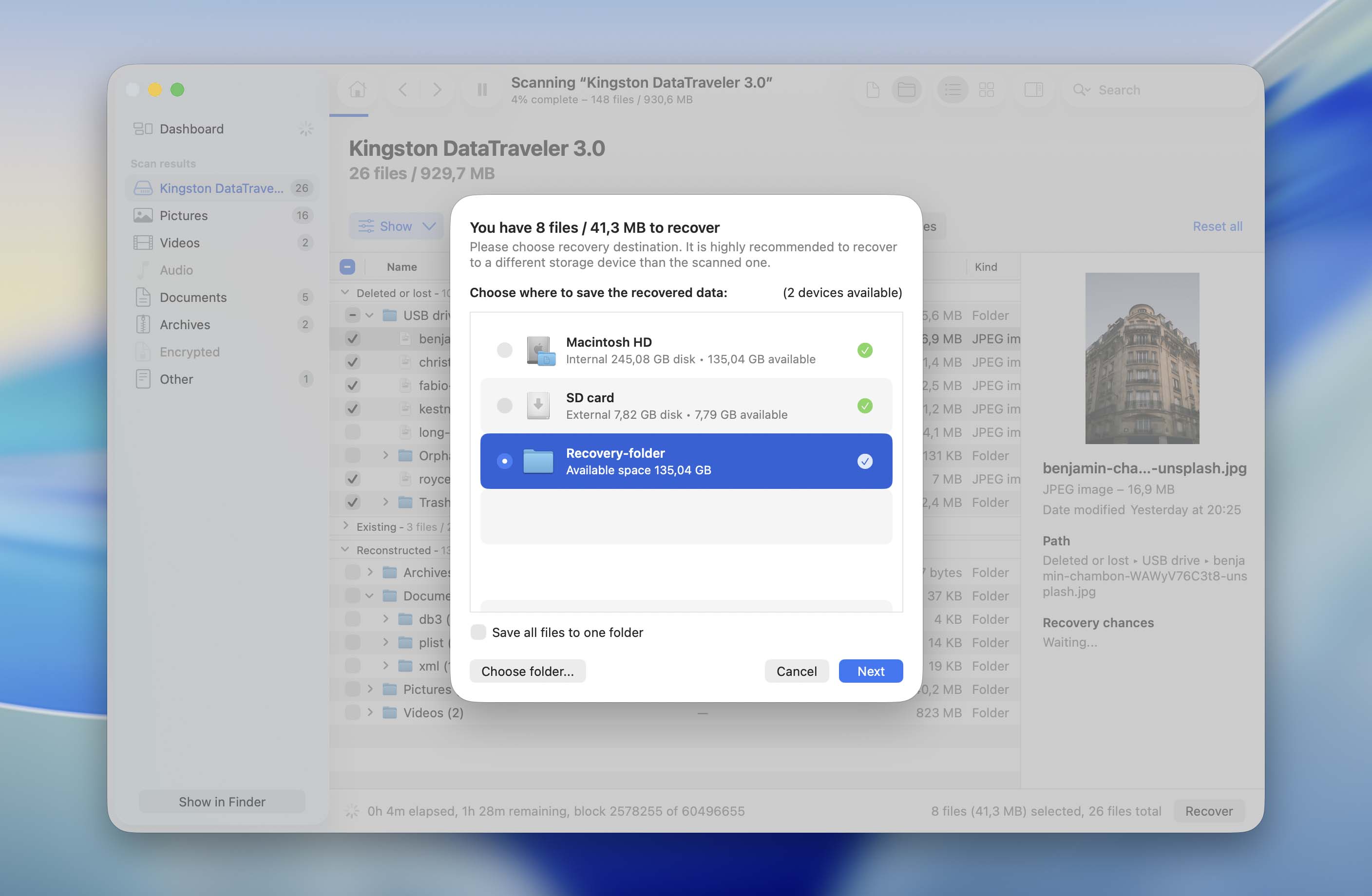 choose recovery location for files
