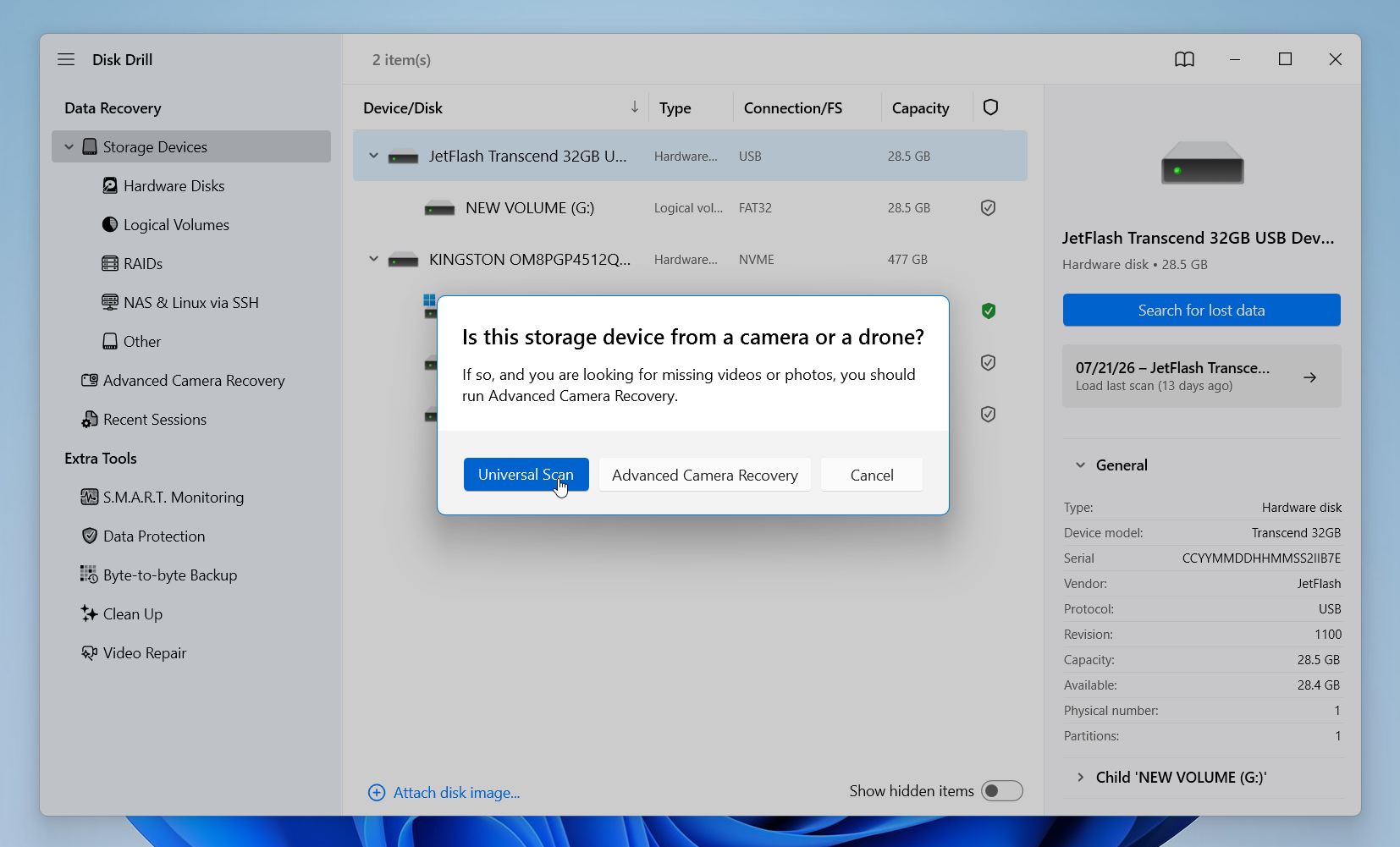 Disk Drill select the recovery mode