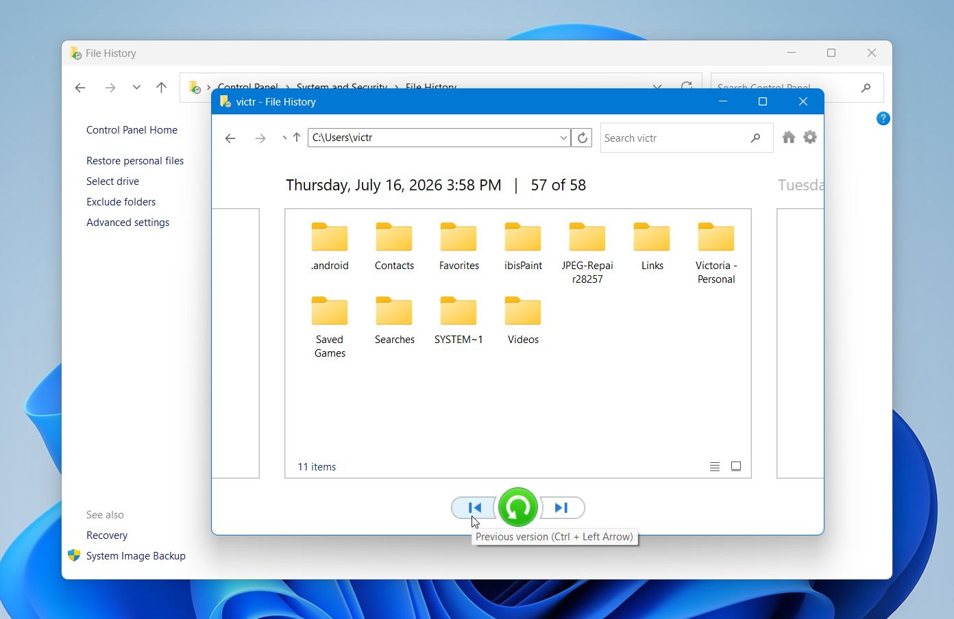 File History browse files and folder