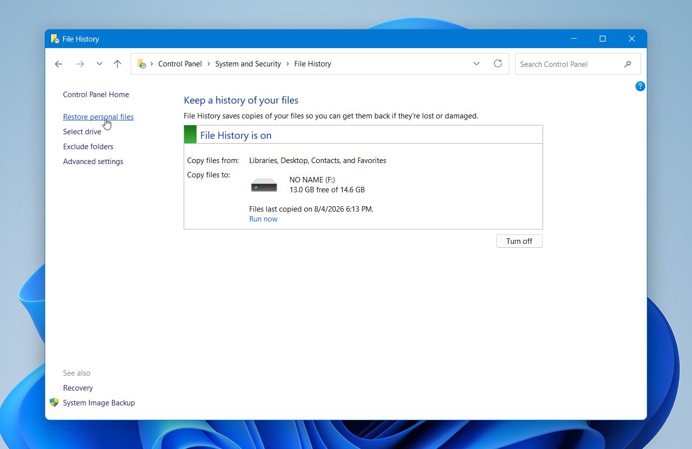 Click Restore personal files