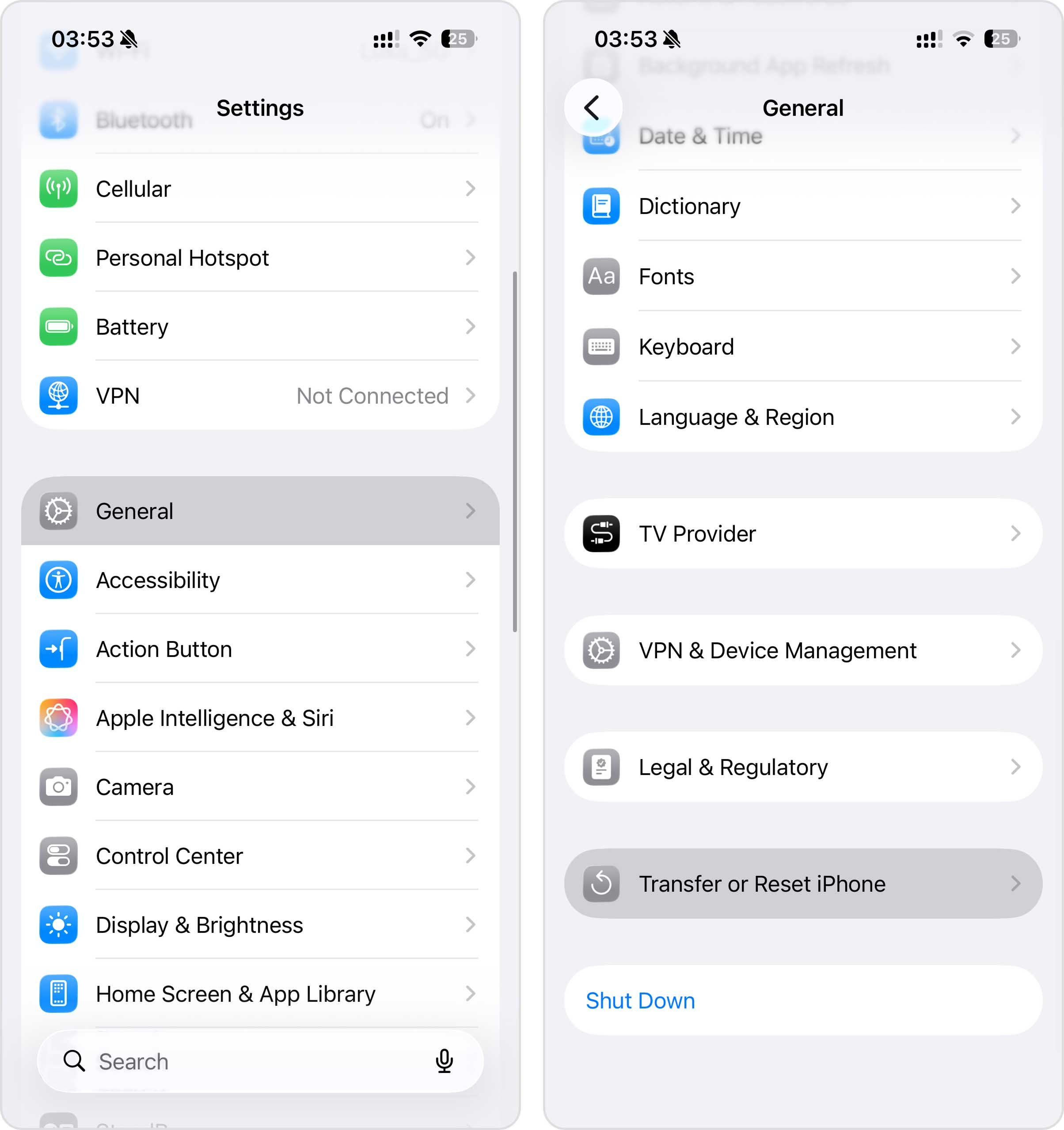 go to transfer and reset in settings