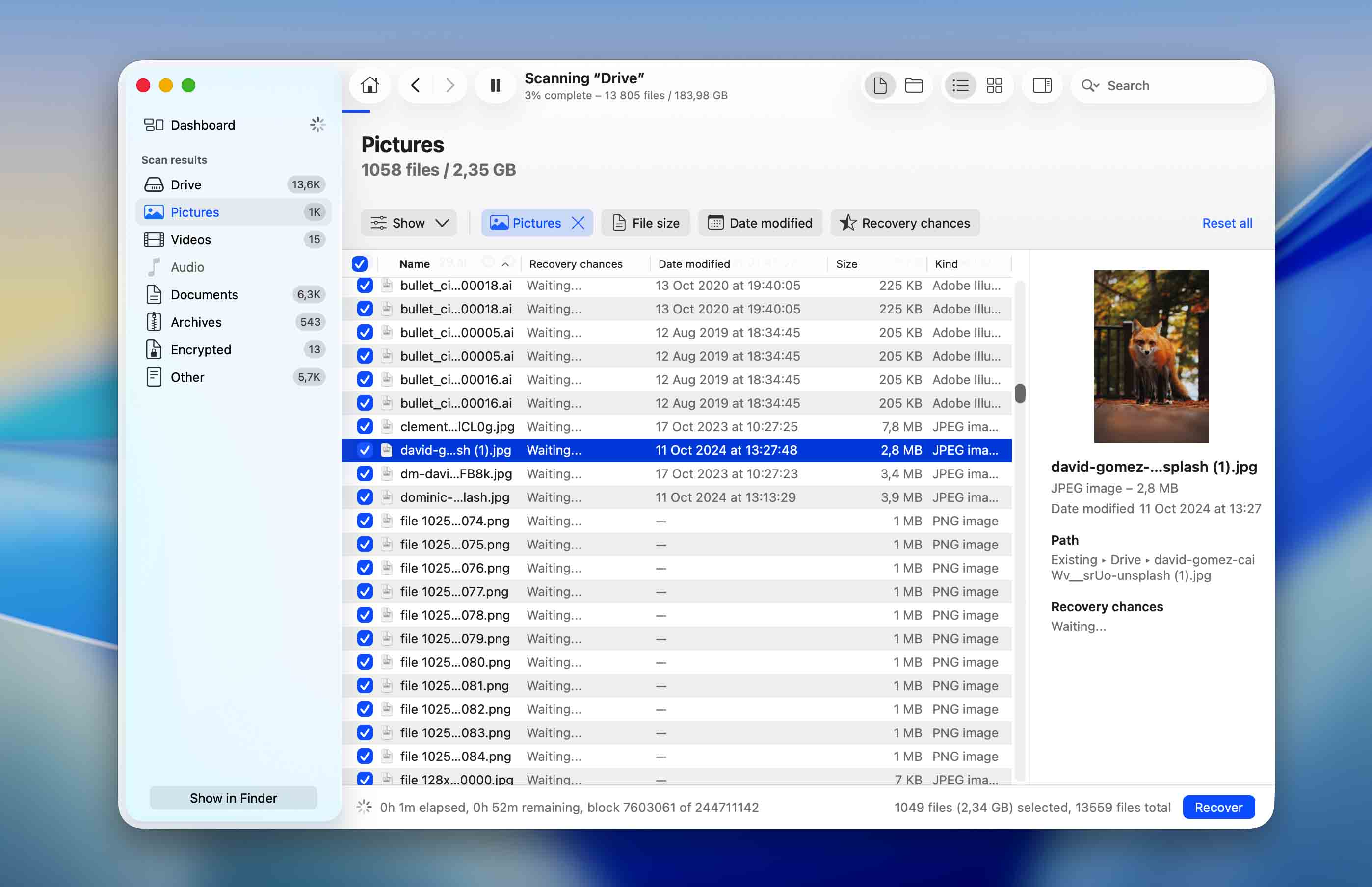 preview and select files for recovery