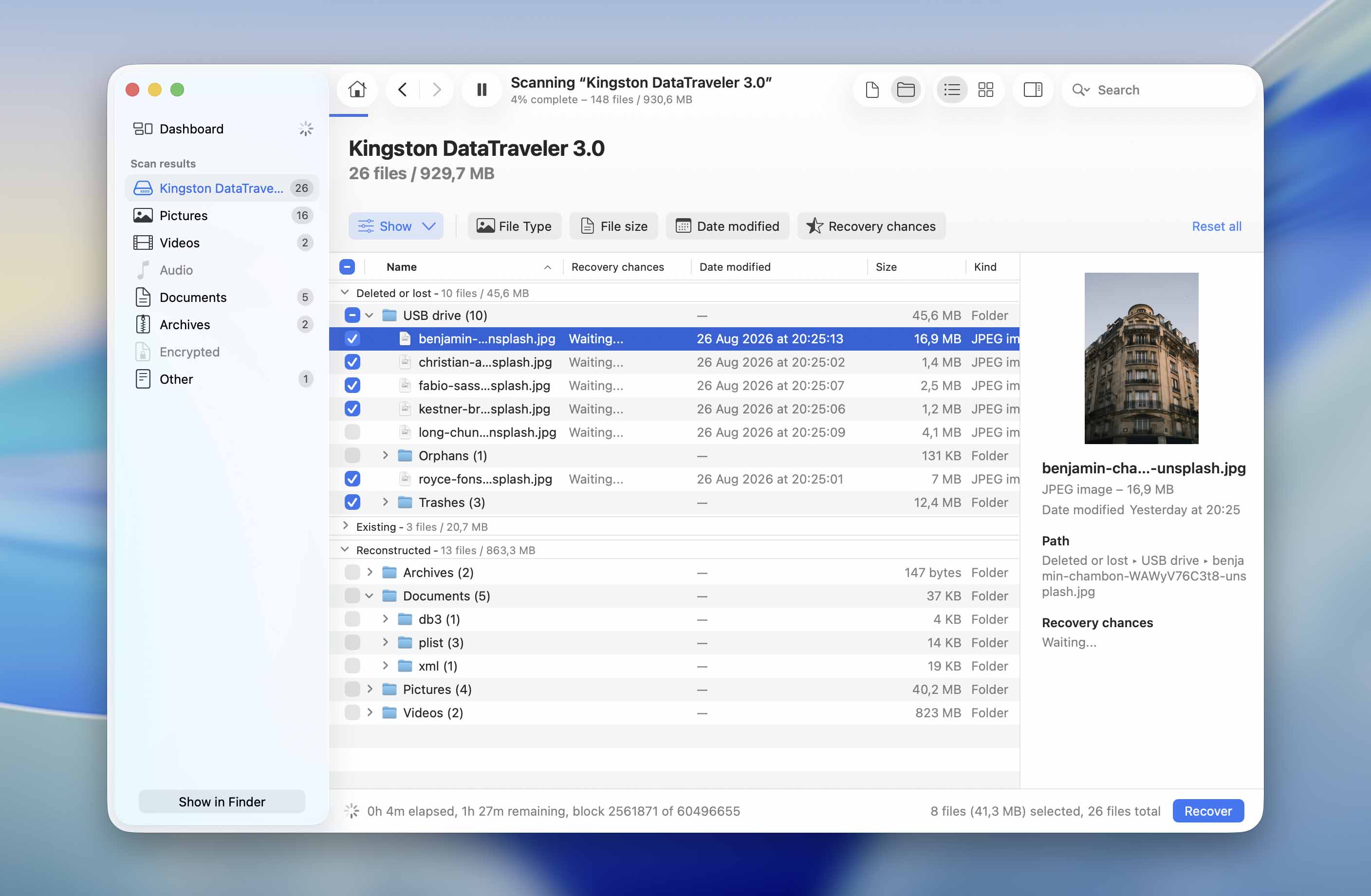 preview and select files for recovery