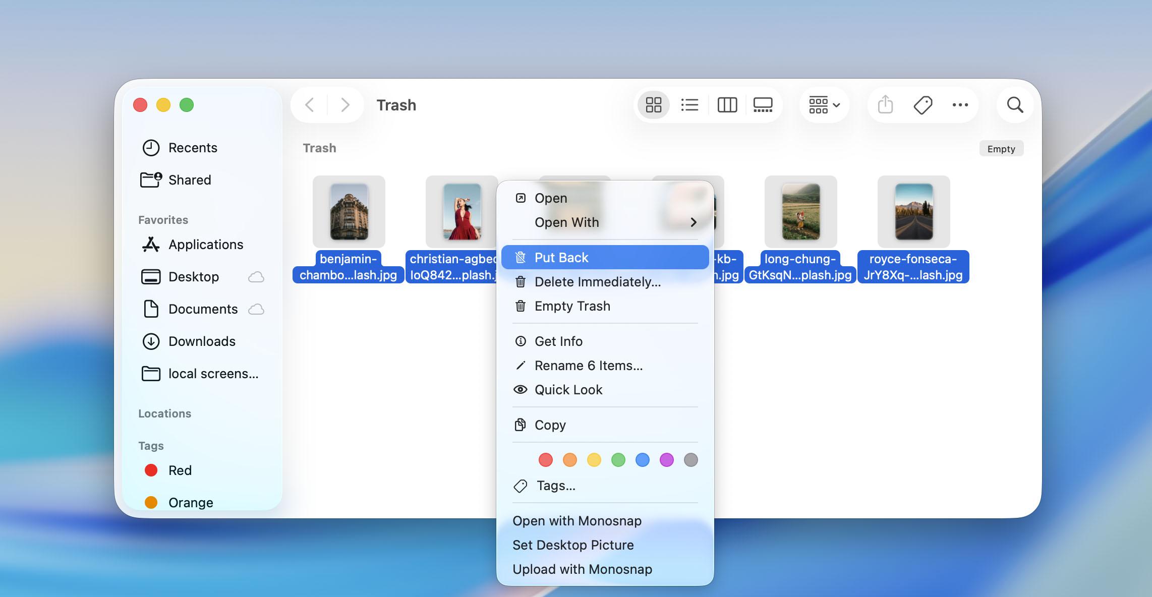 Restore files from trash bin