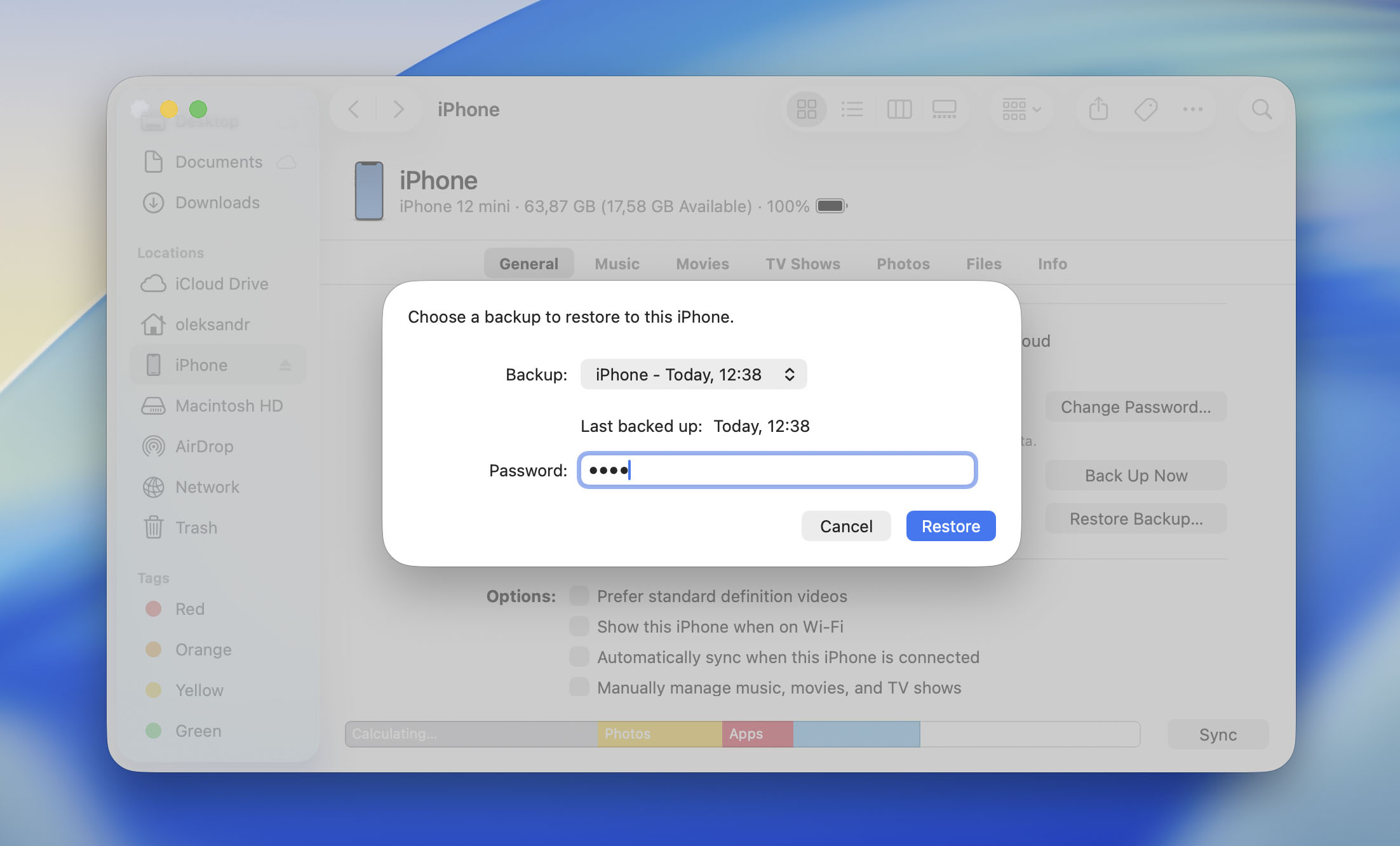 restore finder backup on iphone