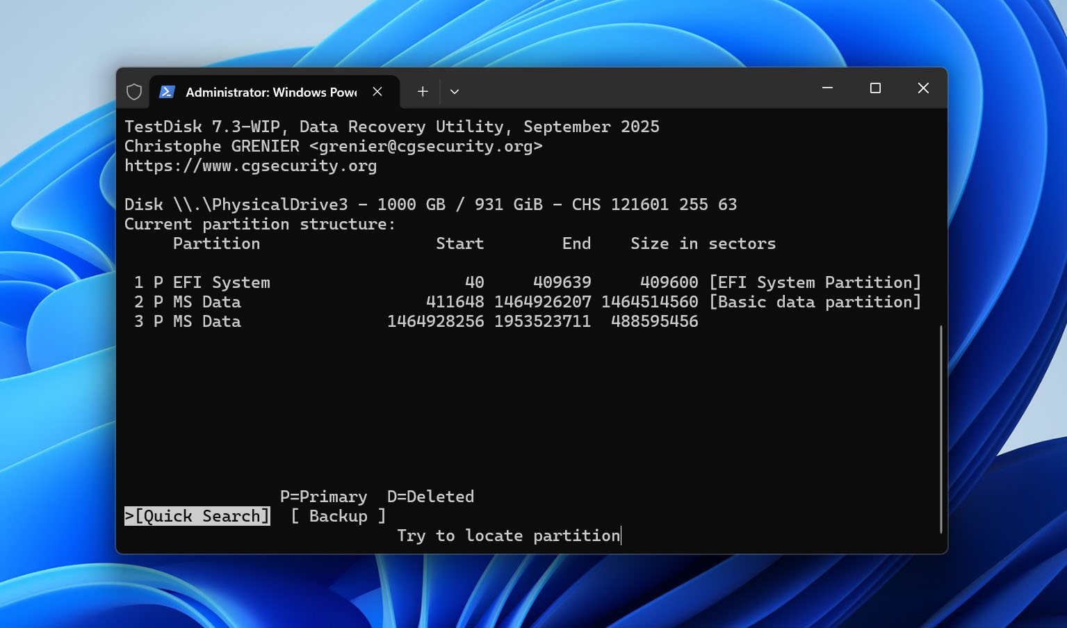 run testdisk quick search