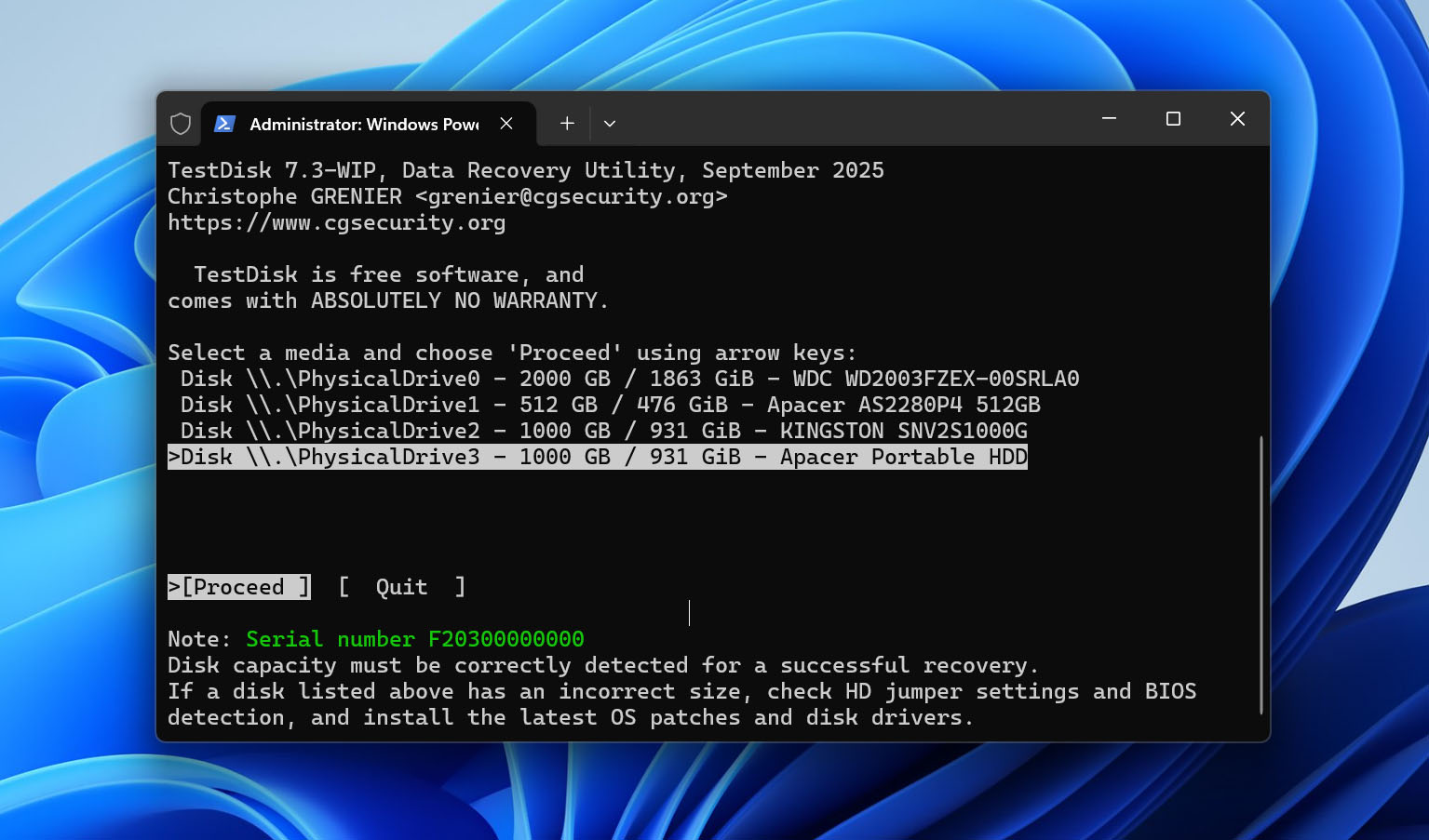 select external hdd in testdisk